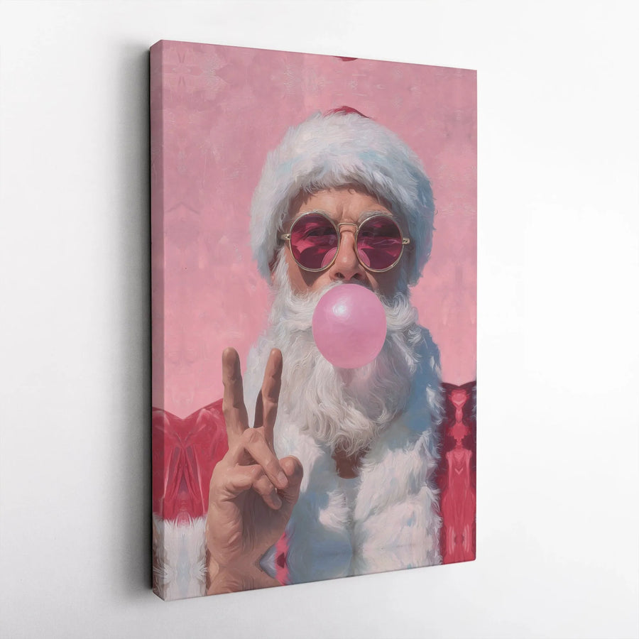Cool Santa Canvas Wall Art | Bubble Gum Peace Sign Print | Premium Gallery Wrap Decor | Fun Christmas Gift for Office or Home