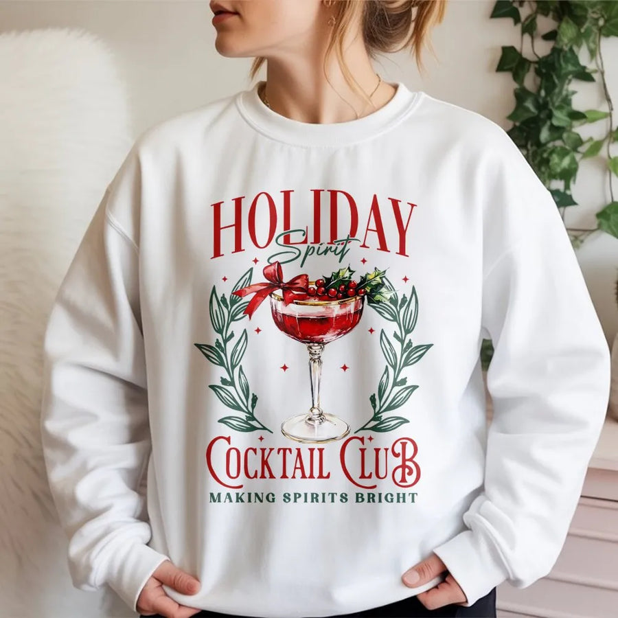 Holiday Cocktail Club Sweatshirt | Festive Drink Graphic Print | Premium Cozy Cotton Blend | Trendy Christmas Party Apparel for Women and Men