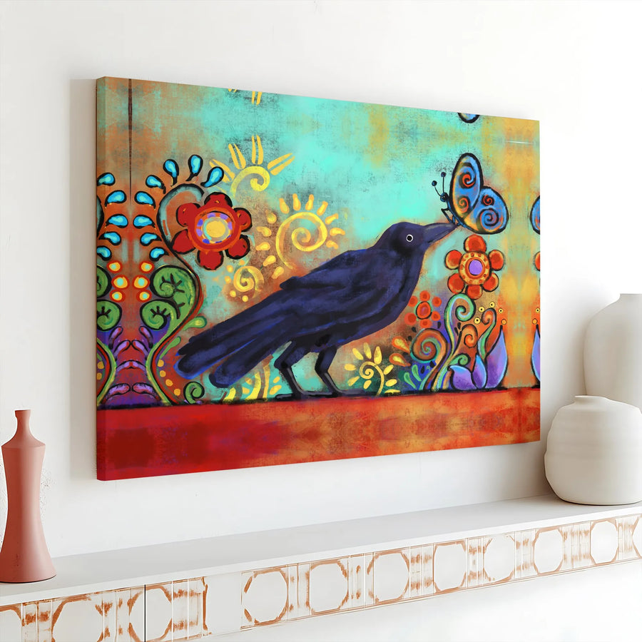 Folk Art Crow Canvas Wall Art | Colorful Butterfly Floral Print | Premium 1.25-inch Gallery Wrap | Whimsical Nature Home Decor Gift for Bird Lovers