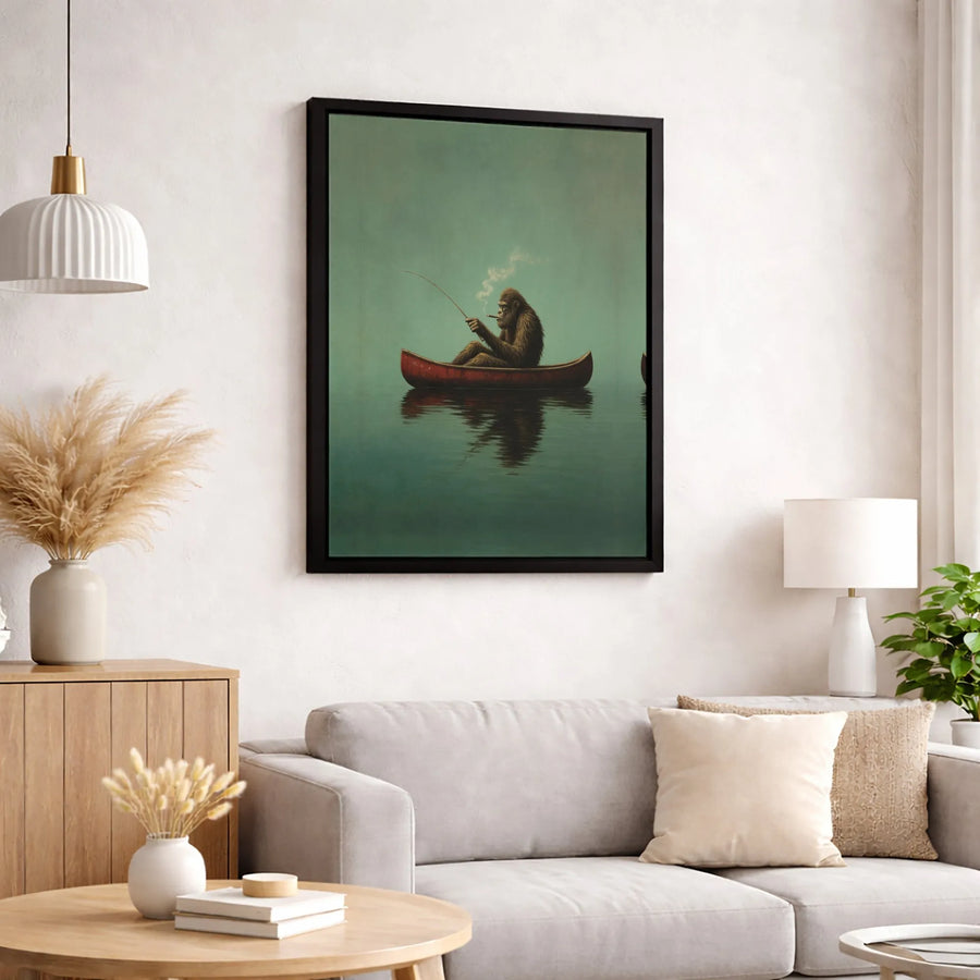Bigfoot Smoking Cigar Fishing Canvas | Whimsical Outdoorsman Wall Art | Premium Fade-Resistant Print | Unique Gift for Cabin or Cabin Decor