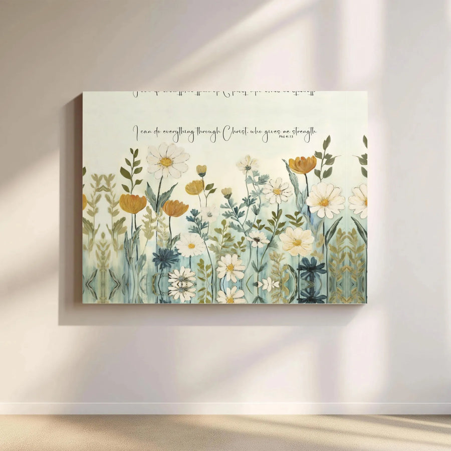 Philippians 4:13 Bible Verse Canvas | Wildflower Floral Wall Art | Premium Gallery Wrap Print | Inspirational Christian Gift for Home Decor