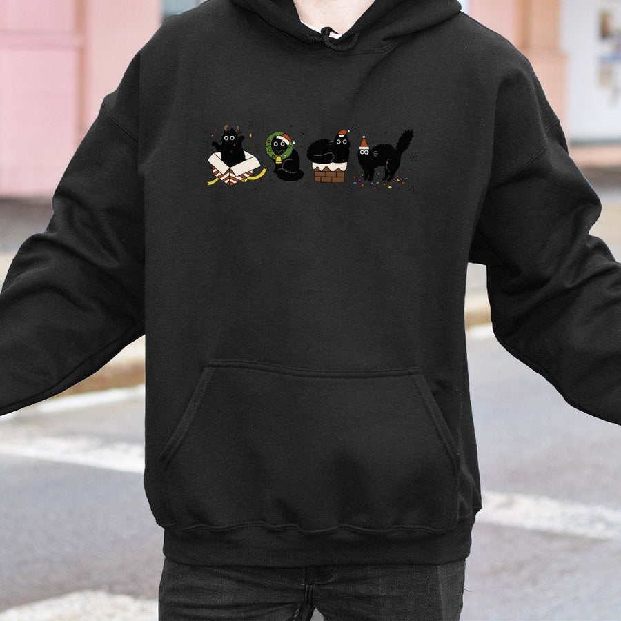 Christmas Black Cat Hoodie | Festive Kittens Holiday Graphic | Cotton-Blend Premium Quality | Cozy Gift for Cat Lovers & Pet Moms