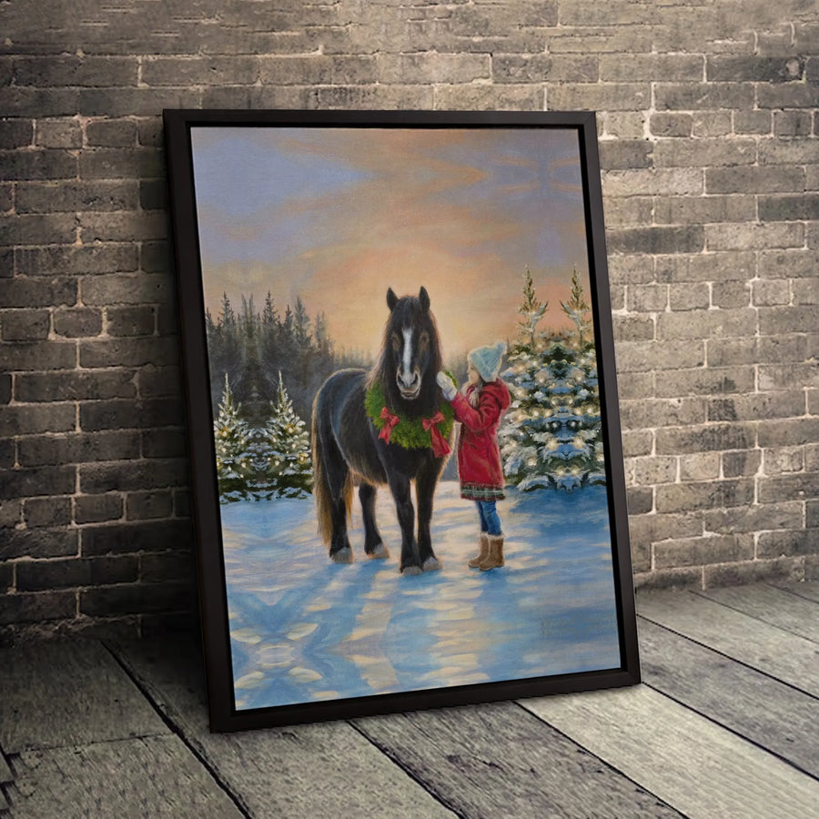 Christmas Horse Canvas Wall Art | Girl With Horse In Winter Snow Decor | Premium Fade-Resistant Print | Holiday Farmhouse Wall Decor Gift