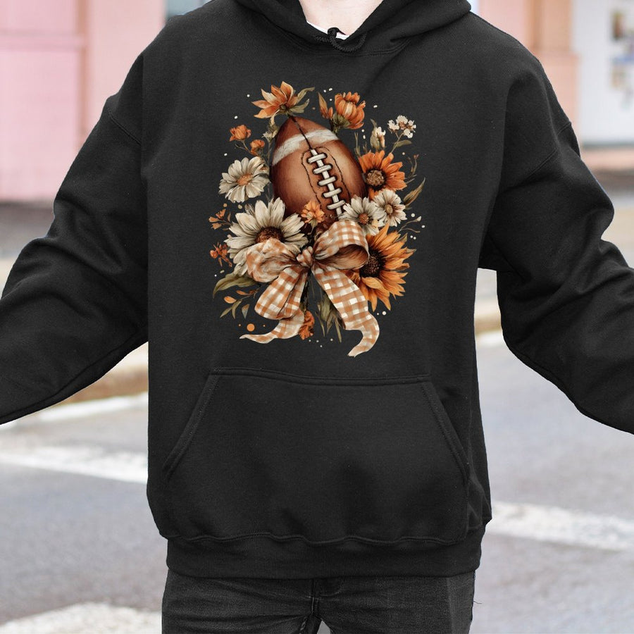 Floral Football Hoodie | Gingham Bow Fall Aesthetic | Premium Cotton Blend | Cute Game Day Outfit for Women & Fans