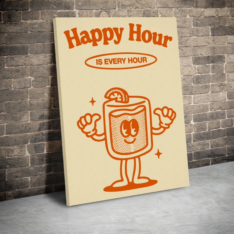 Happy Hour Canvas Wall Art | Retro Cartoon Cocktail Poster | Premium Gallery Wrap Print | Fun Bar Decor Gift for Home Kitchen or Man Cave