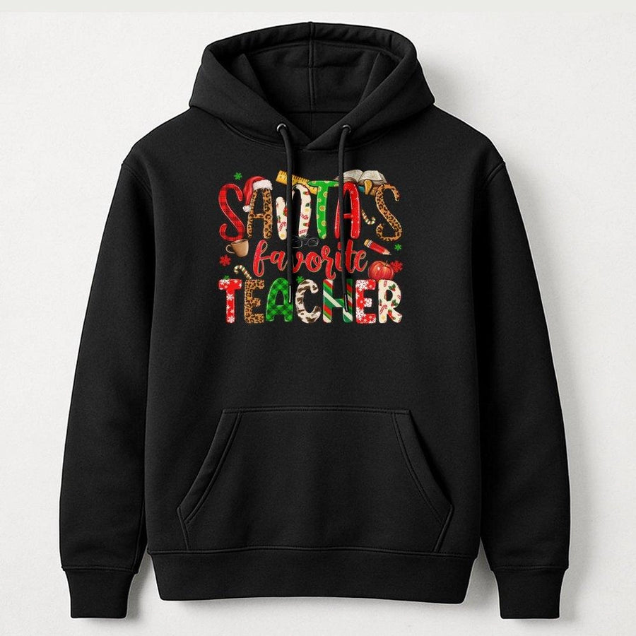 Santa's Favorite Teacher Hoodie | Festive Leopard Plaid Design | Premium Cotton Blend | Holiday Gift for Educators & School Staff
