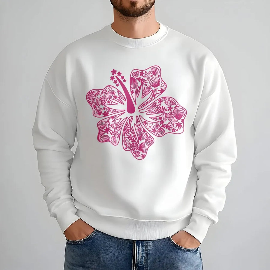 Hibiscus Flower Graphic Sweatshirt | Coastal Beach Sea Shell Art | Premium Cotton Blend Crewneck | Preppy Aesthetic Gift for Her & Teens