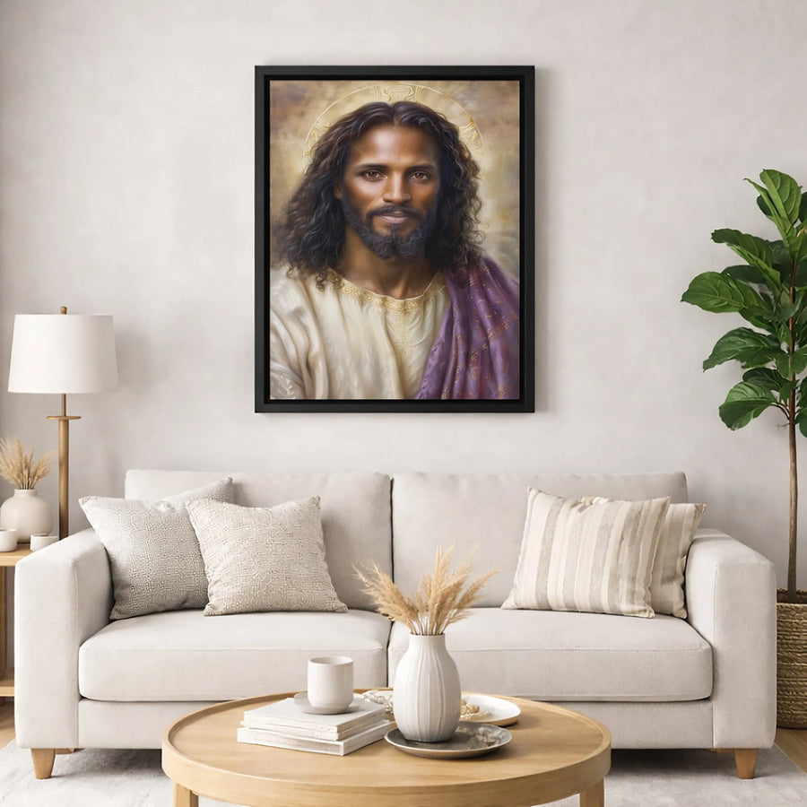 Black Jesus Portrait Canvas Art | Radiant Halo Religious Wall Decor | Premium Fade-Resistant Print | Spiritual Gift for Home or Church