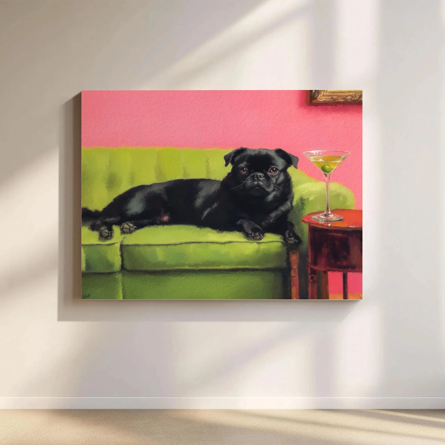 Black Pug Wall Art | Funny Dog Drinking Martini Painting | Gallery Wrap Canvas Print | Whimsical Pet Lover Gift Decor