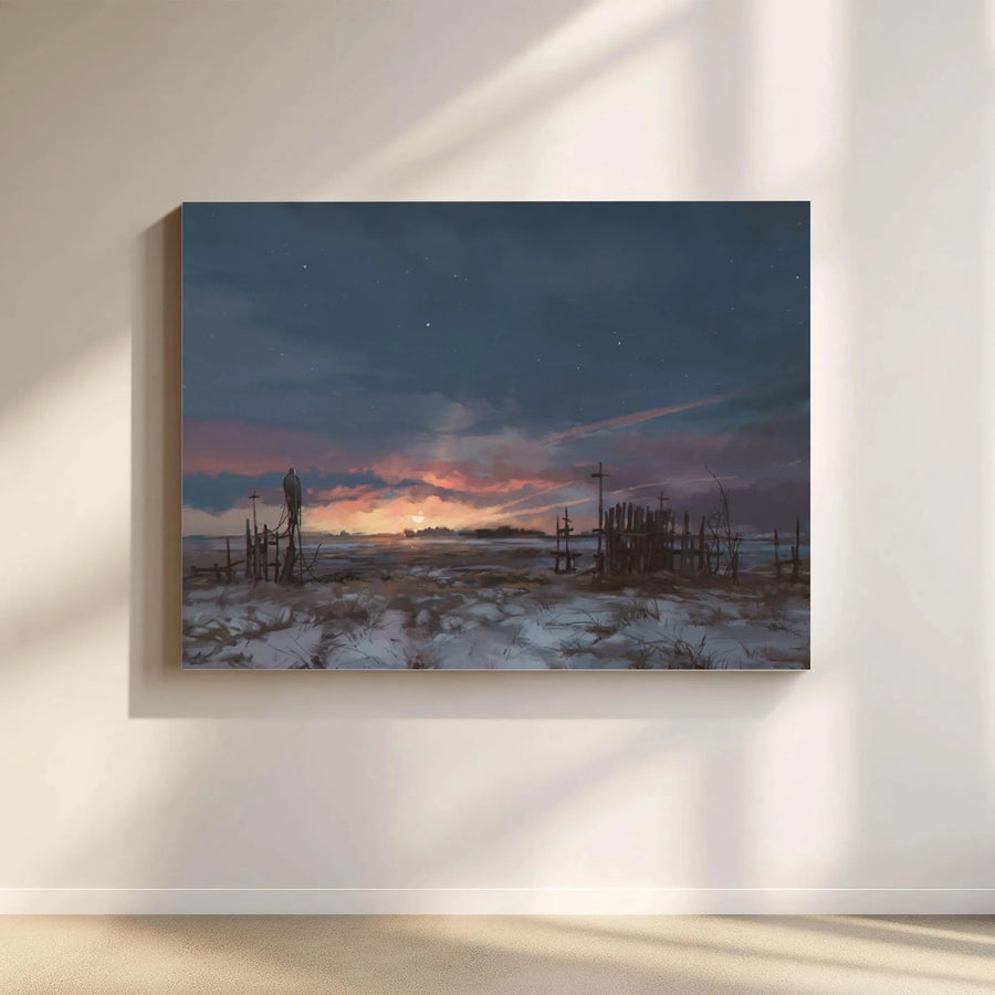 Dystopian Landscape Canvas Print | Lone Sentinel Over Frozen Plains | Gallery Quality Thick Canvas | Premium Sci-Fi Concept Art Gift