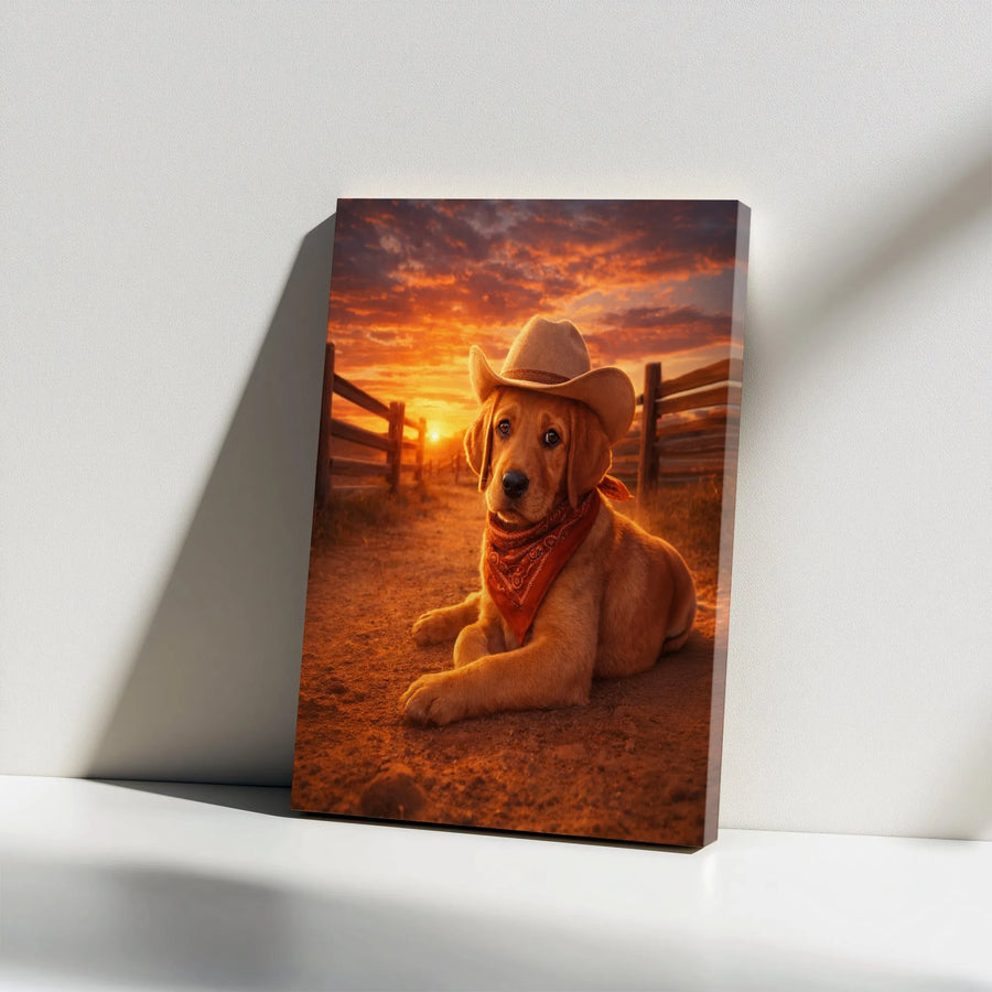 Cowboy Puppy Canvas Wall Art | Adorable Labrador in Cowboy Hat at Sunset | Premium Gallery Wrap Print | Gift for Dog Lover, Rustic Farmhouse Decor