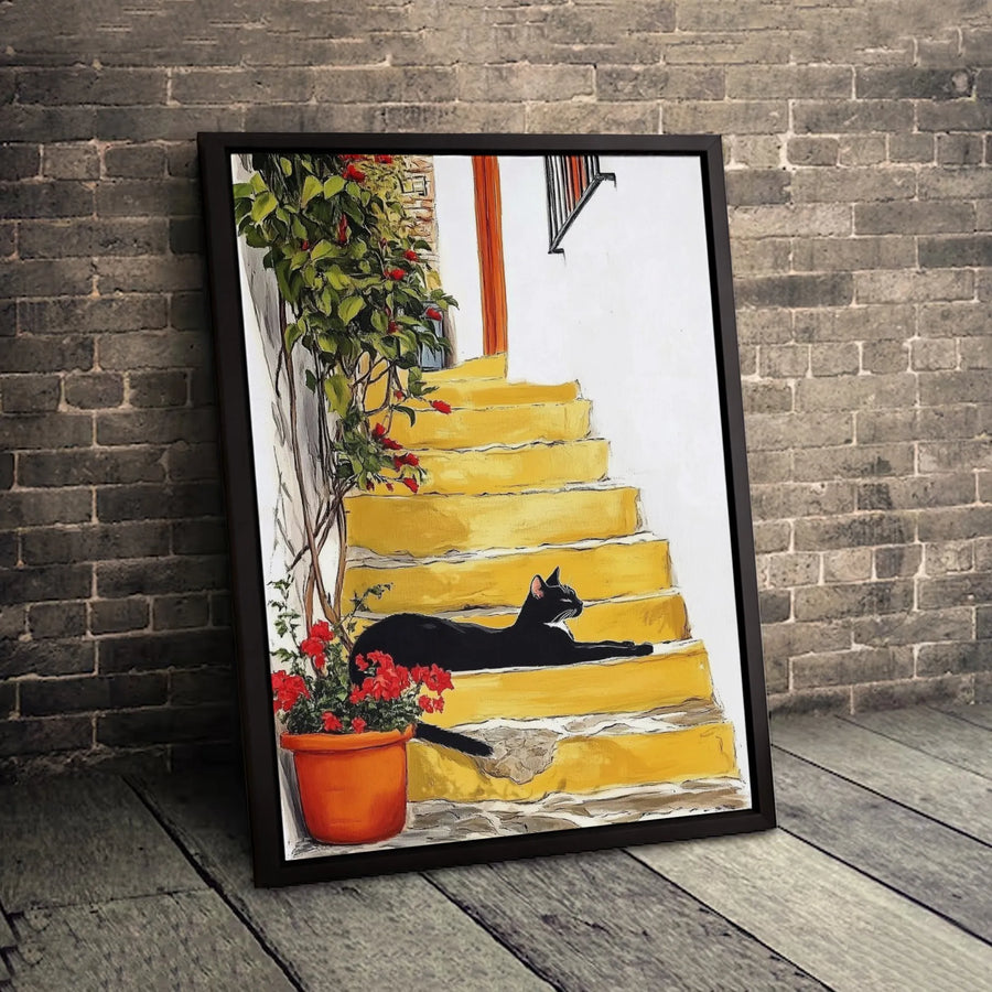 Black Cat Wall Art | Mediterranean Yellow Stairs & Red Flowers | Premium Gallery Wrapped Canvas | Whimsical Pet Lover Gift