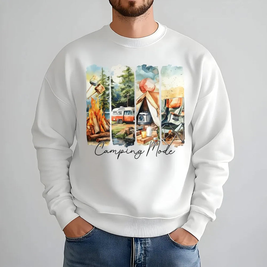 Camping Mode Sweatshirt | Watercolor Nature Graphic | Soft Cotton Polyester Blend | Gift for Outdoor Adventurers and Campers