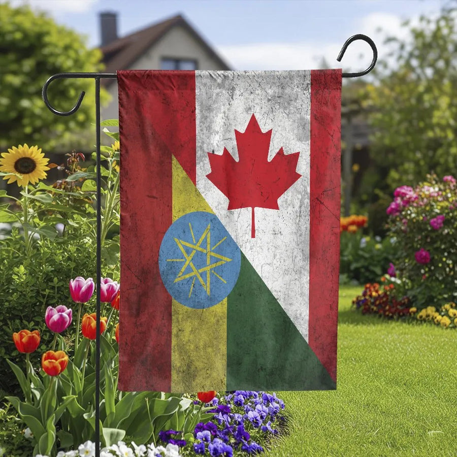 Canadian Ethiopian Heritage Garden Flag | Vintage Dual Country Design | Double-Sided Weather Resistant Fabric | Patriotic Yard Decor Gift for Families