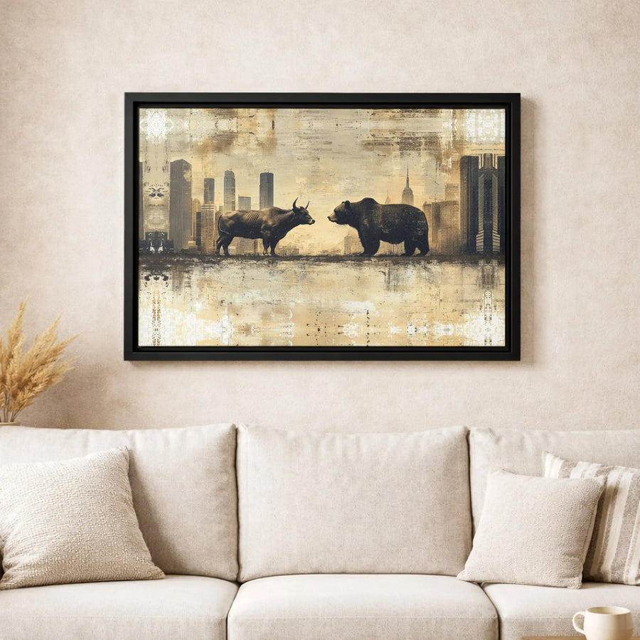 Bull vs Bear Wall Art | Stock Market Financial City Skyline Canvas | Premium Gallery-Wrapped Decor | Office Gift for Investors