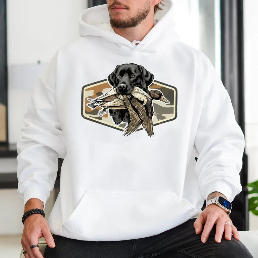 Labrador Duck Hunting Hoodie | Camo Patch Graphic Design | Premium Cotton Blend | Gift for Waterfowl Hunters and Dog Lovers