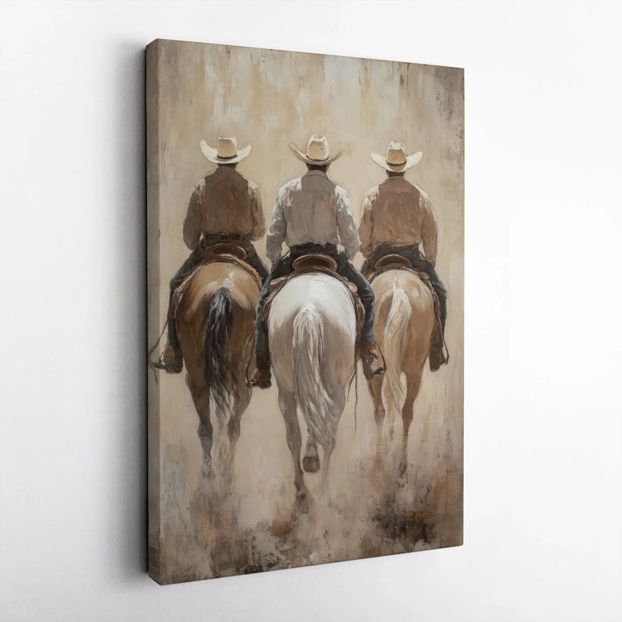Western Canvas Wall Art | Three Cowboys Horseback Riding Painting | Premium Gallery Wrap Decor | Rustic Farmhouse Home Office Gift