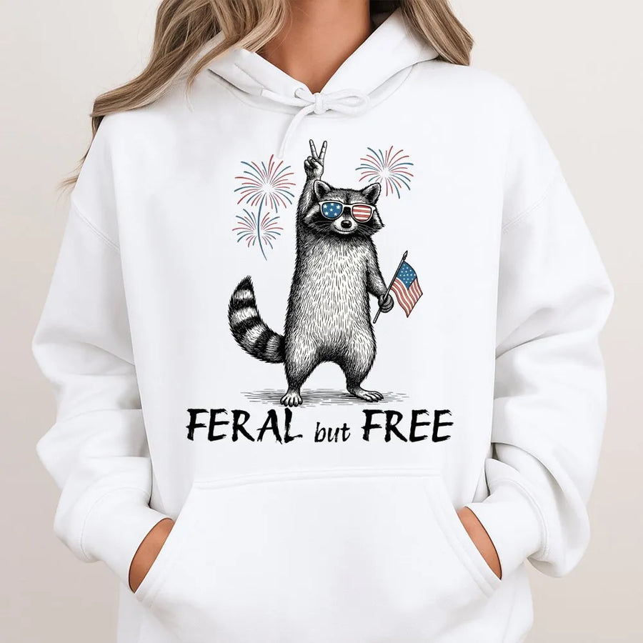 Feral But Free Raccoon Hoodie | Funny 4th of July Graphic Sweatshirt | Soft Cotton-Poly Blend | Patriotic USA Independence Day Gift