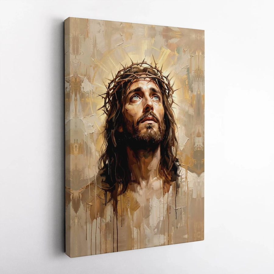 Jesus Christ Canvas Wall Art | Modern Abstract Portrait with Crown of Thorns | Premium Frameless Canvas | Inspirational Christian Home Decor Gift