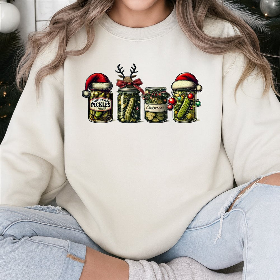 Christmas Pickle Sweatshirt | Funny Festive Canned Jars Graphic | Premium Cotton Blend Crewneck | Holiday Gift for Foodies and Pickle Lovers