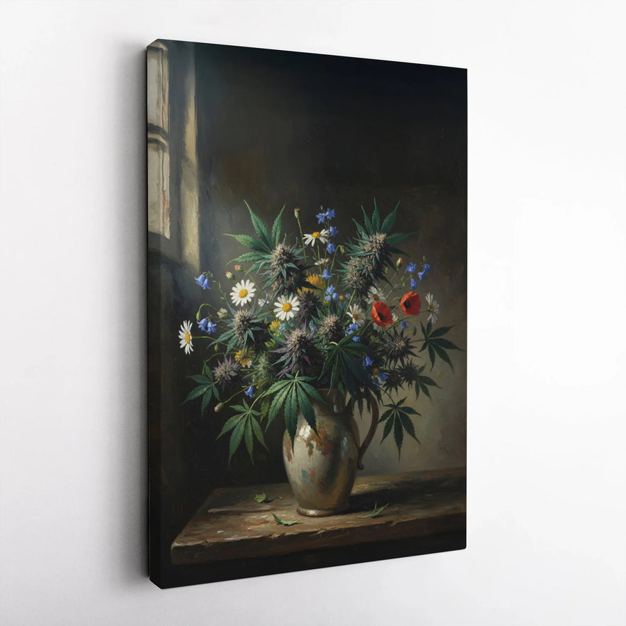 Cannabis Wildflower Bouquet Vertical Canvas | Vintage Oil Painting Still Life Art | Premium Gallery Wrap Print | Unique 420 Stoner Wall Decor Gift