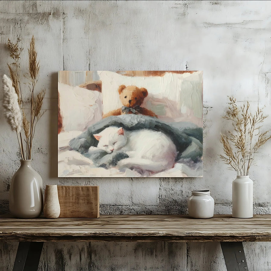 Sleeping White Cat and Teddy Bear Canvas Print | Impressionist Oil Painting Style Art | Premium Gallery-Wrapped Wall Decor | Cozy Bedroom Gift