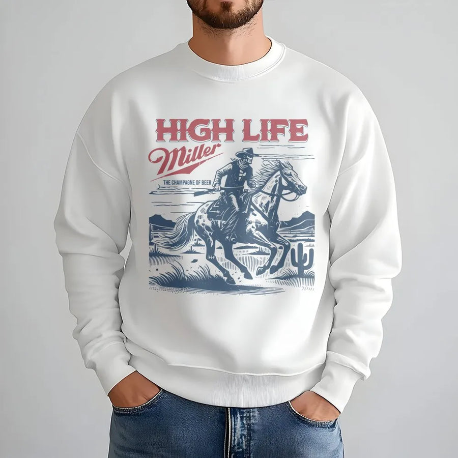 Miller High Life Sweatshirt - Featuring Front Red Miller Logo, And Back Graphic Of Cowboy On Horse In Desert Scene With The Champagne