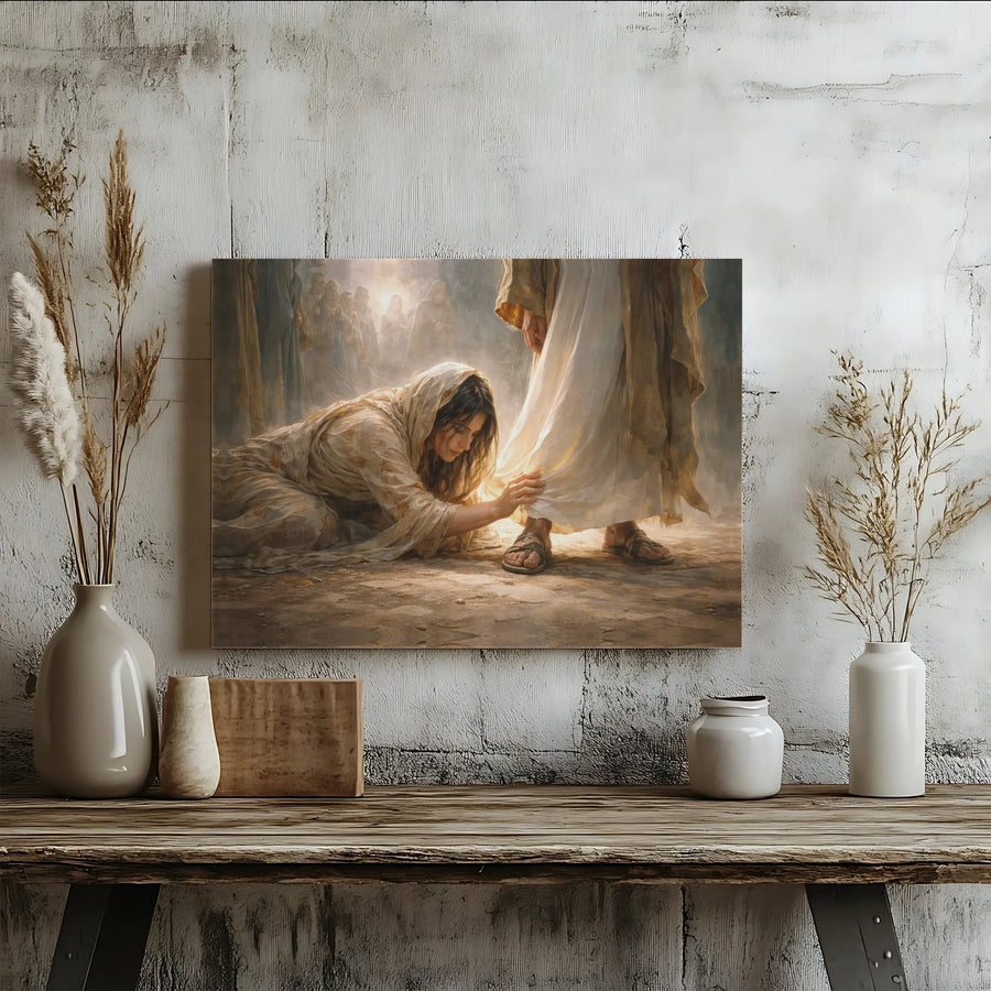 Woman Touching Hem of Jesus Canvas Print | Faithful Healing Story Art | Premium Gallery Wrapped Decor | Christian Home Gift for Believers