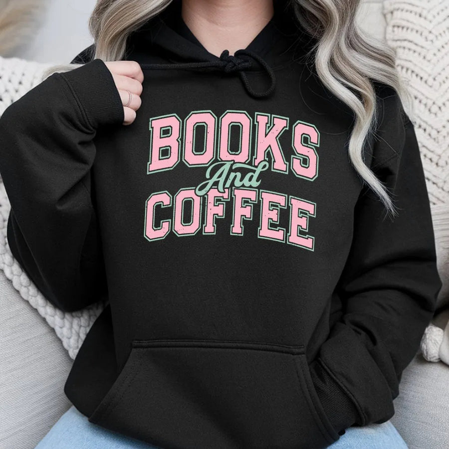 Books and Coffee Hoodie | Retro College Font Graphic | Cozy Cotton Blend | Gift for Book Lover, Reading Crewneck for Her
