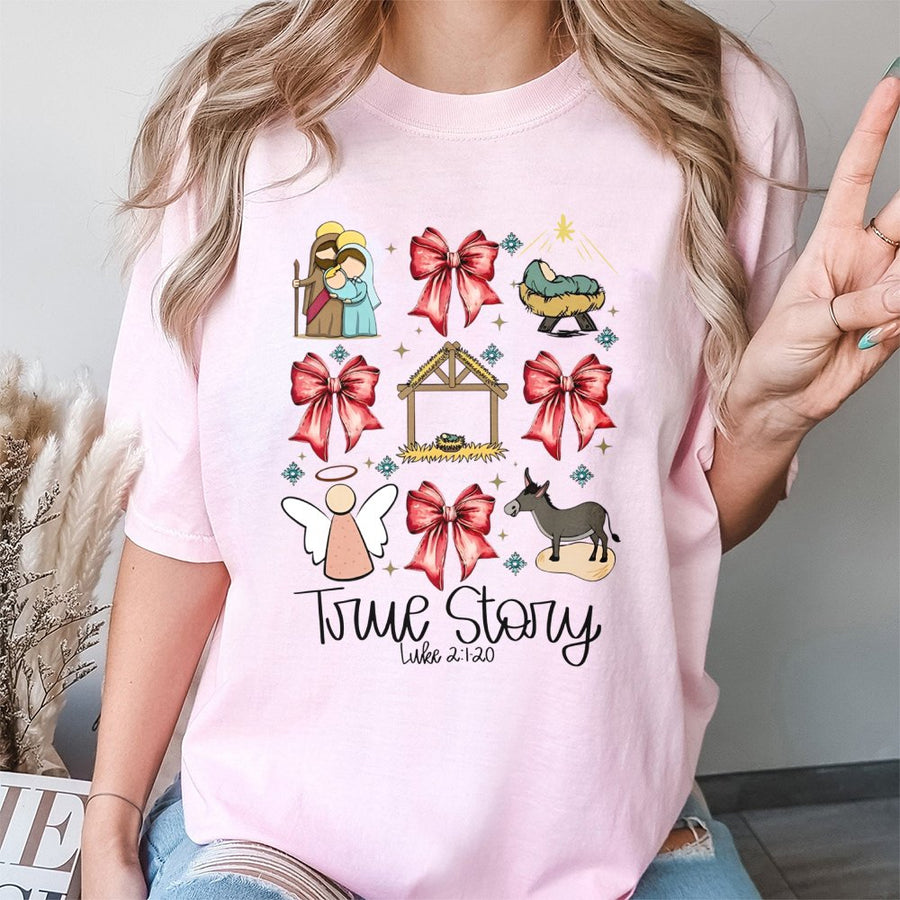 Nativity Scene Christmas T-Shirt | True Story Luke 2:1-20 Coquette Bow Graphic | Premium 100% Cotton | Religious Holiday Gift for Christian Women