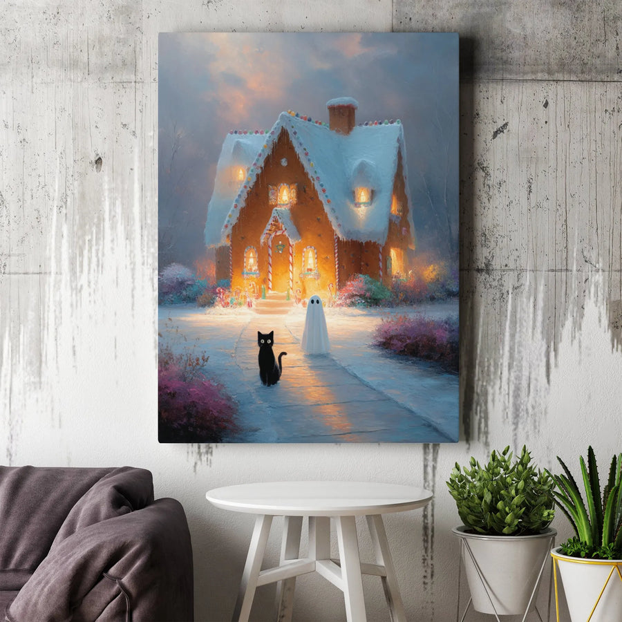 Spooky Gingerbread House Canvas Art | Whimsical Black Cat and Ghost Design | Premium Fade-Resistant Print | Magical Holiday Wall Decor Gift