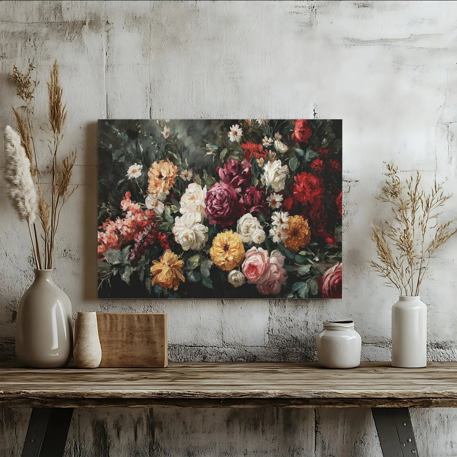 Dark Floral Wall Art | Moody Botanical Painting Print | Premium 1.25" Thick Canvas | Vintage Living Room Decor Gift