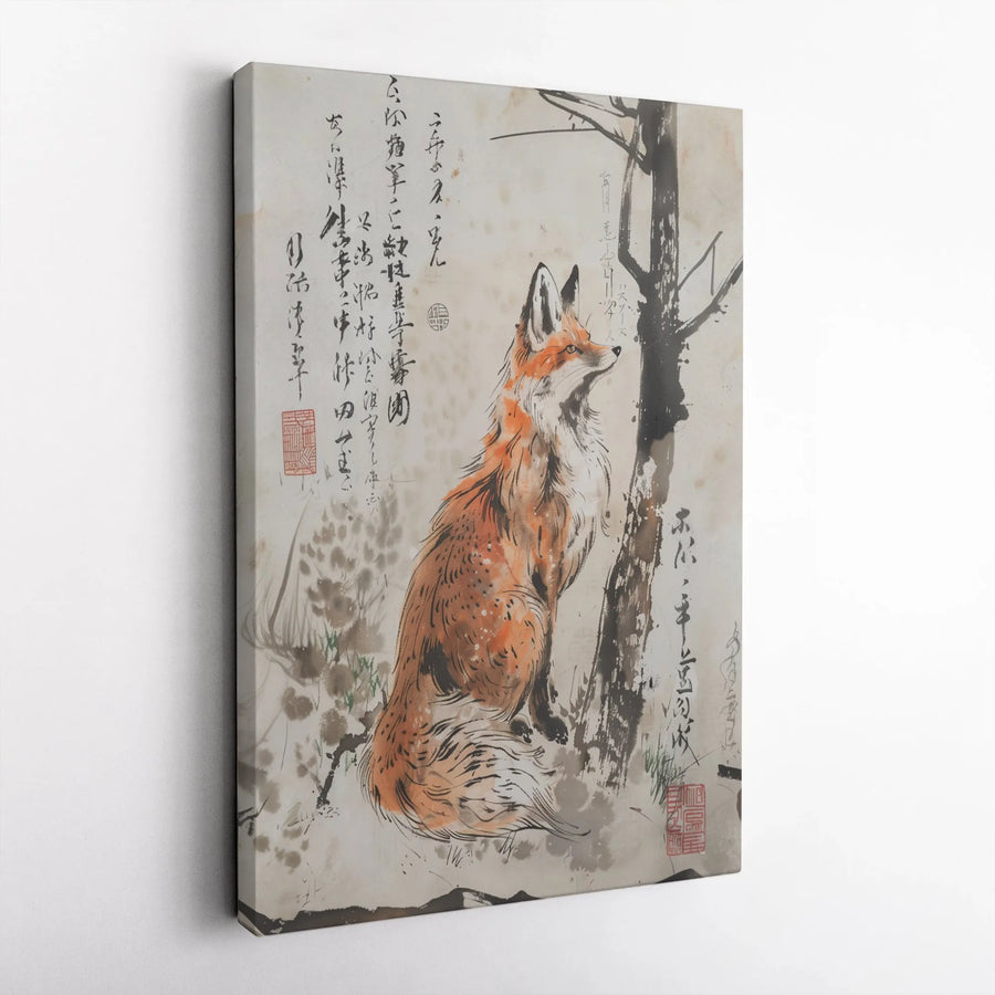 Japanese Fox Painting Vertical Canvas | Vintage Sumi-e Ink Wash Style with Calligraphy | Premium Unframed Print | Unique Collector Gift for Zen Home Decor