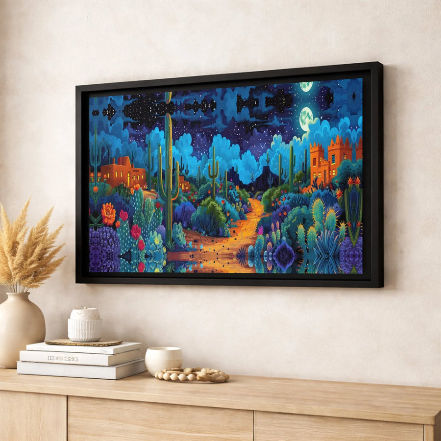 Desert Night Canvas Wall Art | Vibrant Psychedelic Cactus Landscape | Premium Gallery Wrapped Print | Southwestern Home Decor for Living Room