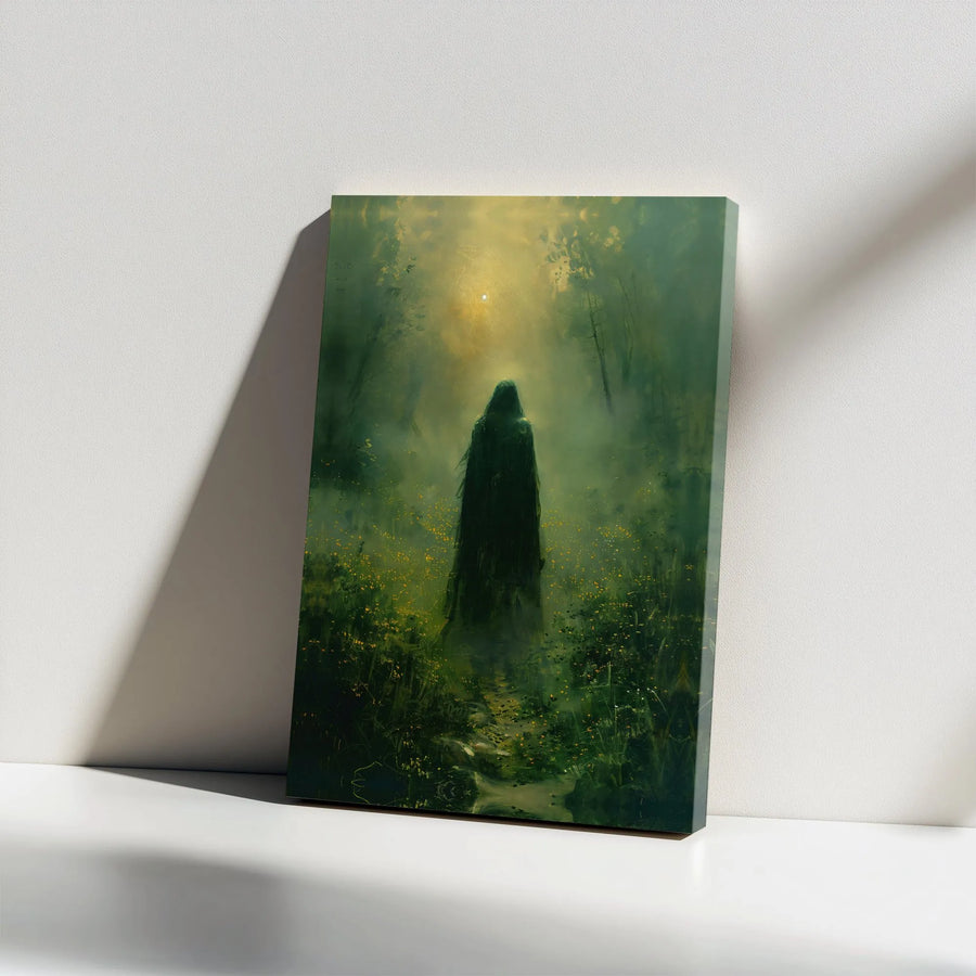Gothic Ghost Canvas Wall Art | Spectral Figure in Misty Wildflower Field | Premium Frameless Print | Moody Dark Academia Decor Gift