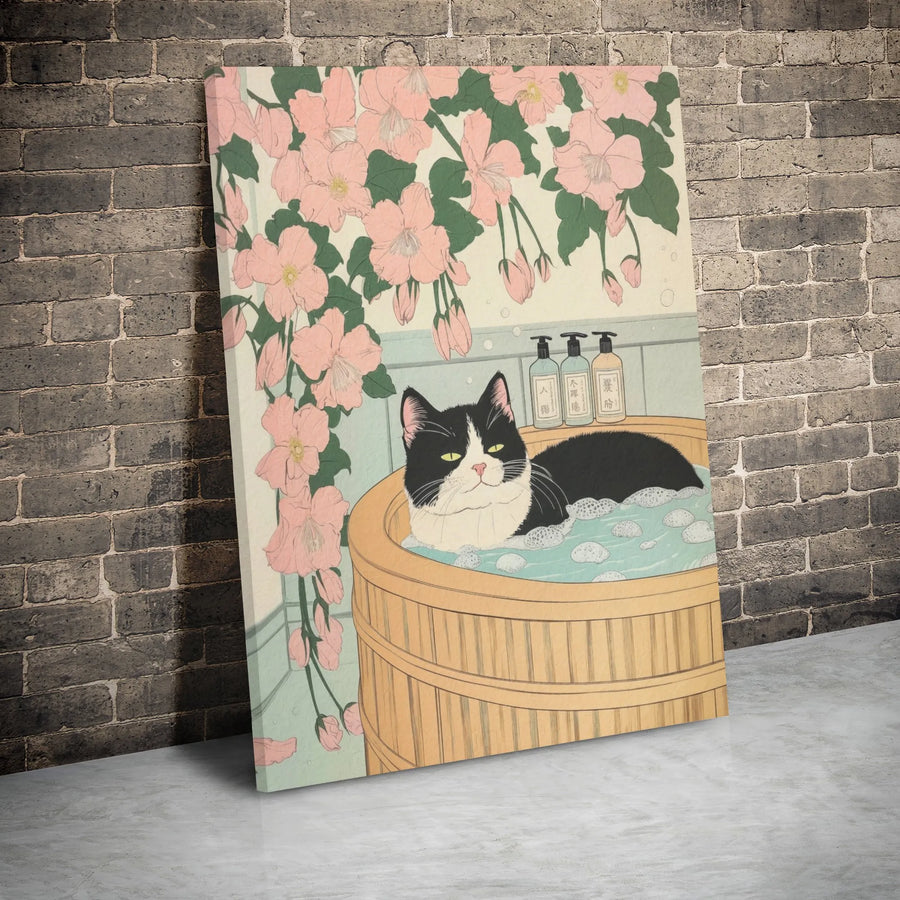 Japanese Cat Wall Art | Ukiyo-E Bathing Black Cat Print | Premium Gallery Wrap Canvas | Unique Gift for Cat Lovers & Home Decor