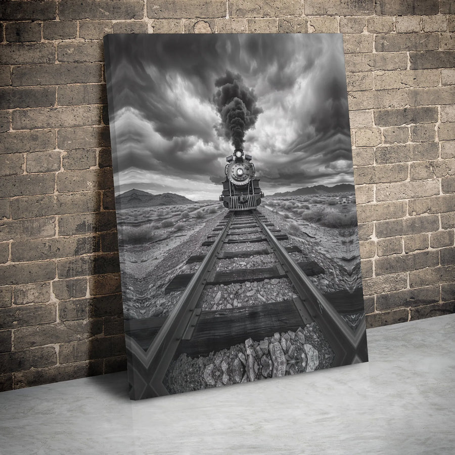 Steam Train Canvas Wall Art | Dramatic Black and White Locomotive Photography | Premium Gallery Wrap Print | Industrial Home Office Decor