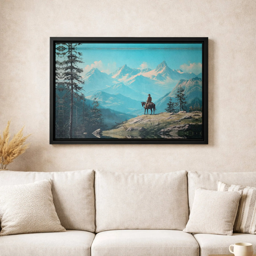 Western Cowboy Wall Art | Majestic Mountain Range Landscape Print | Premium 1.25-Inch Gallery Canvas | Rustic Home Office Decor Gift