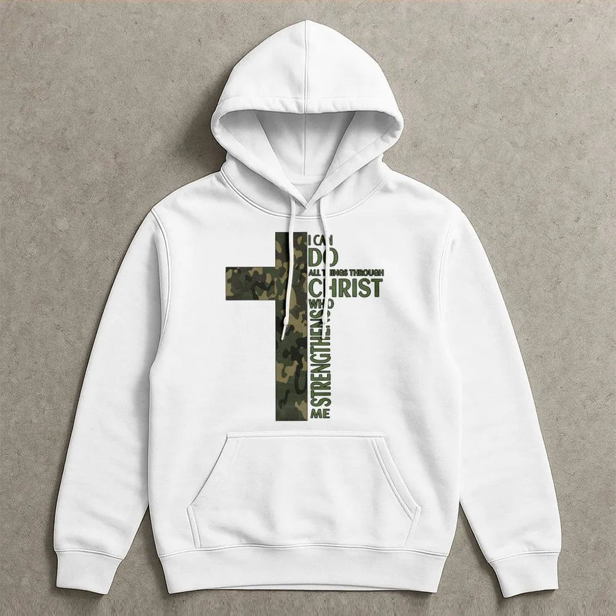 Camo Cross Christian Hoodie | Philippians 4:13 Bible Verse | Premium Cotton-Blend Apparel | Faith-Based Religious Gift For Men And Women