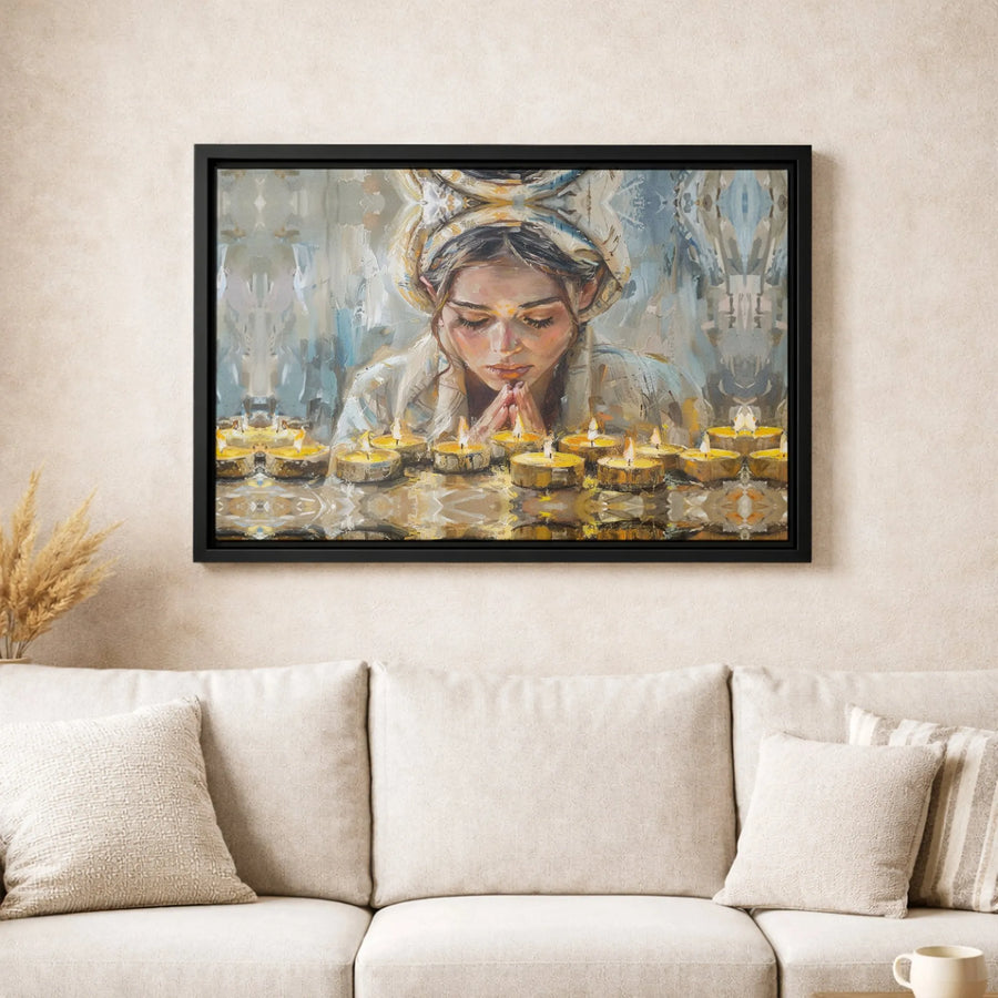 Woman Praying Canvas Print | Spiritual Candle Light Oil Painting | 1.25 Inch Gallery Wrap | Peaceful Religious Home Decor Gift