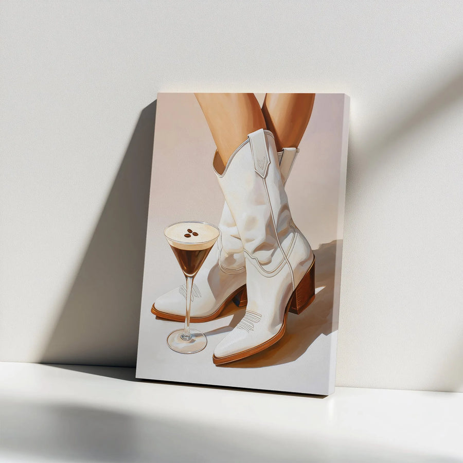 Espresso Martini And Cowboy Boots Canvas Print | Trendy Bar Cart Wall Art | Premium Gallery Wrap Decor | Stylish Gift For Coffee Lovers
