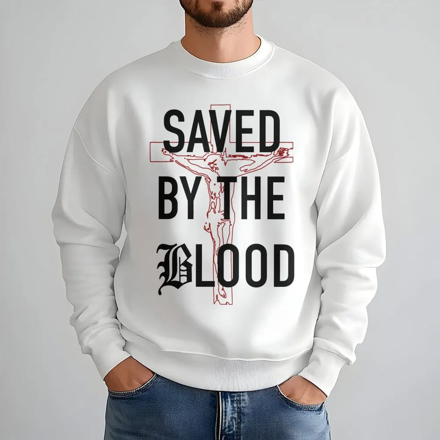 Saved By The Blood Sweatshirt | Christian Cross Graphic Tee | Premium Cotton Blend Crewneck | Religious Faith Gift For Believers