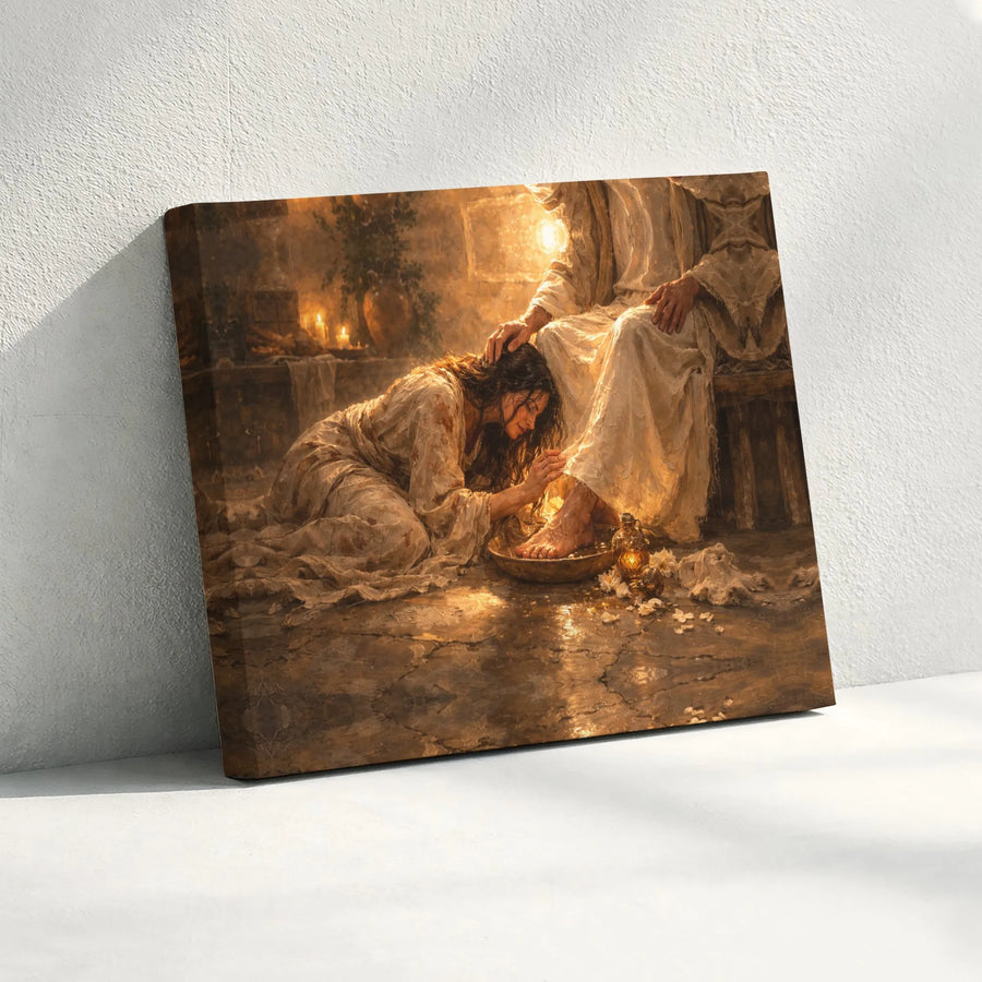 Jesus Washing Feet Canvas Art | Mary Magdalene & Christ Bible Scene | Premium Gallery Wrapped Print | Christian Home Decor Religious Gift