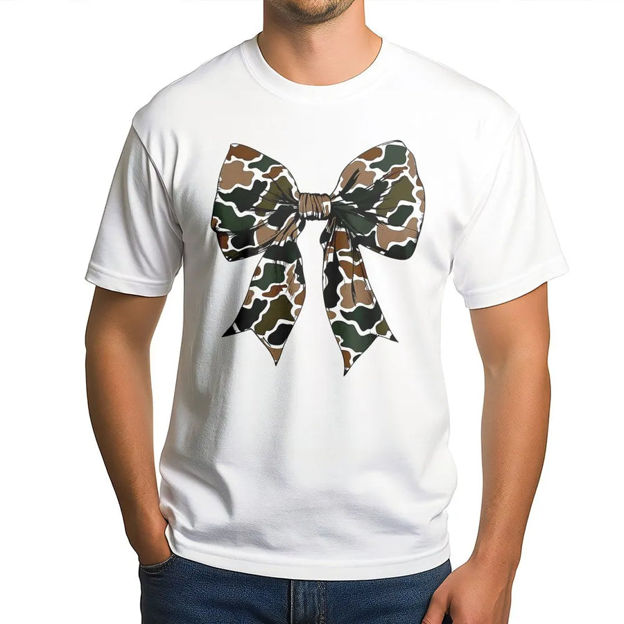Camo Bow T-Shirt | Trendy Coquette Aesthetic Graphic Print | Premium Soft Cotton Tee | Cute Gift For Women And Girls