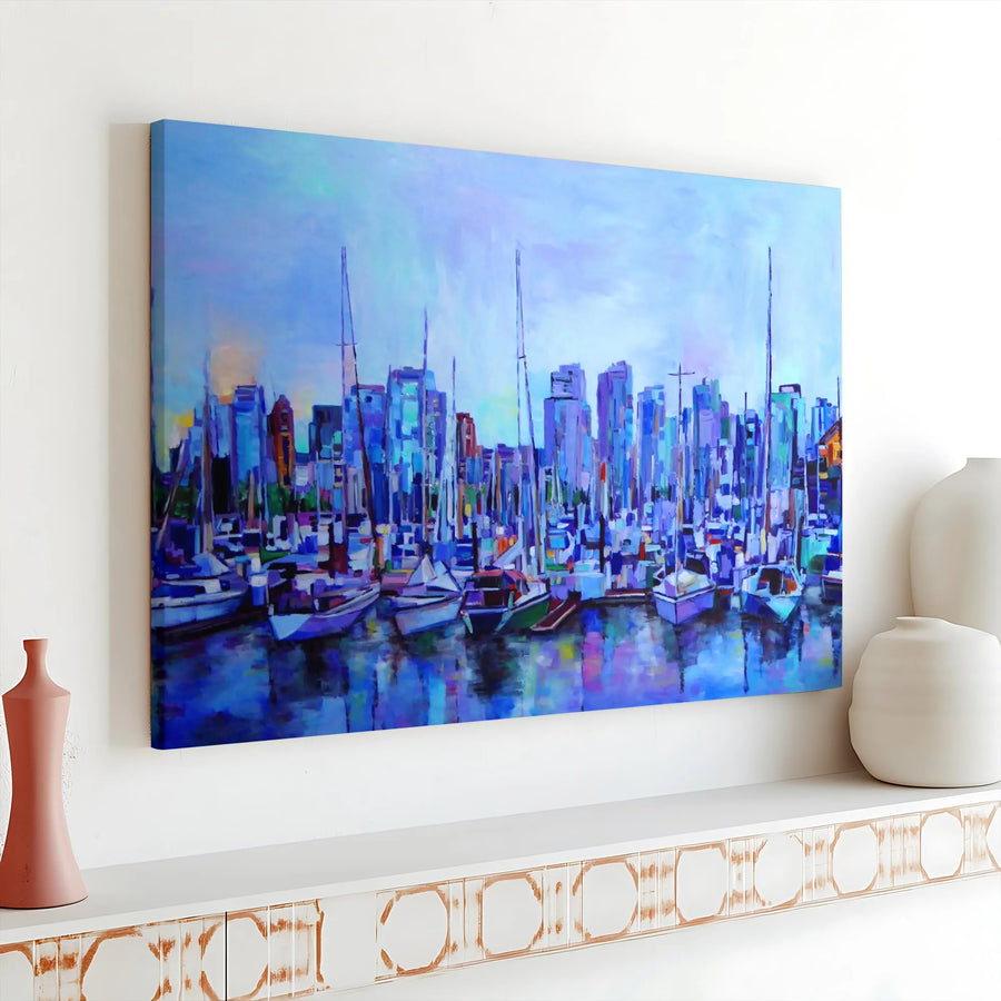 Marina Harbor Skyline Horizontal Canvas | Impressionist Sailboat Painting Print | Premium 1.25” Gallery Wrap | Living Room Decor Nautical Gift for Boat Lovers
