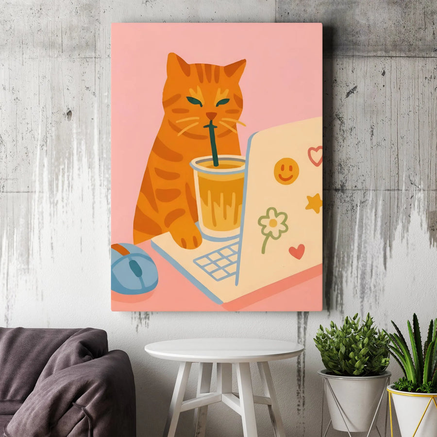 Ginger Cat Wall Art | Cute Laptop Working Illustration | Premium Gallery Wrapped Canvas | Office Decor Gift for Cat Lovers