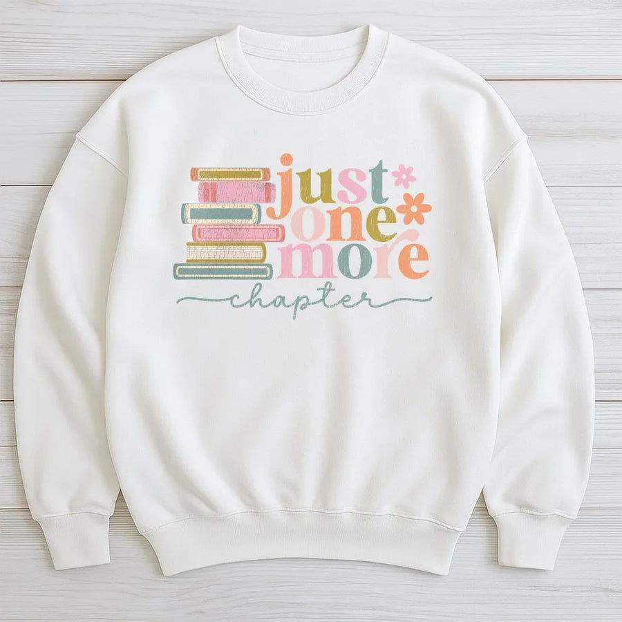 Just One More Chapter Sweatshirt | Retro Book Stack Graphic Design | Premium Cotton-Poly Blend | Book Lover Gift for Readers and Librarians