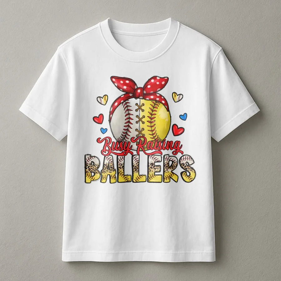 Busy Raising Ballers T-Shirt | Baseball Softball Mama Design | Premium Cotton Comfort Tee | Sports Mom Game Day Gift
