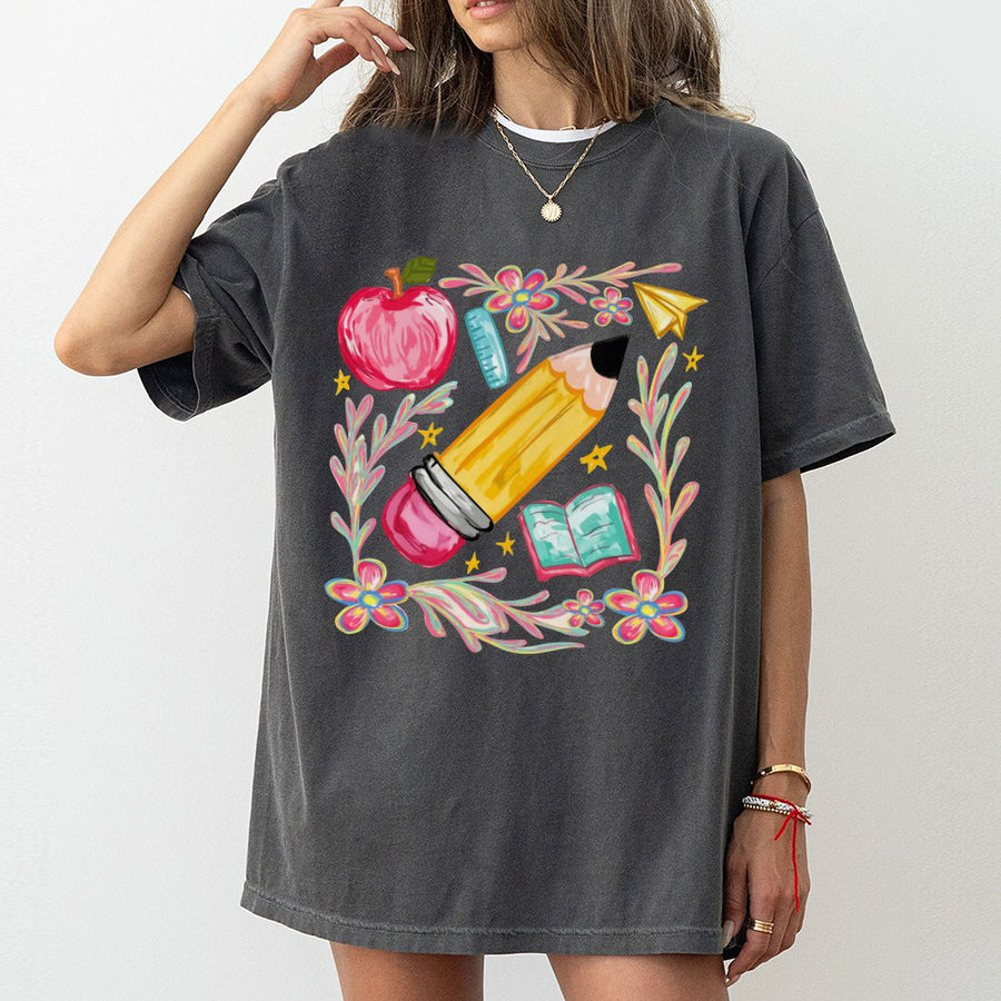 Floral Teacher Pencil T-Shirt | Coquette School Supplies Graphic | 100% Cotton Premium Tee | Back To School Gift For Educators
