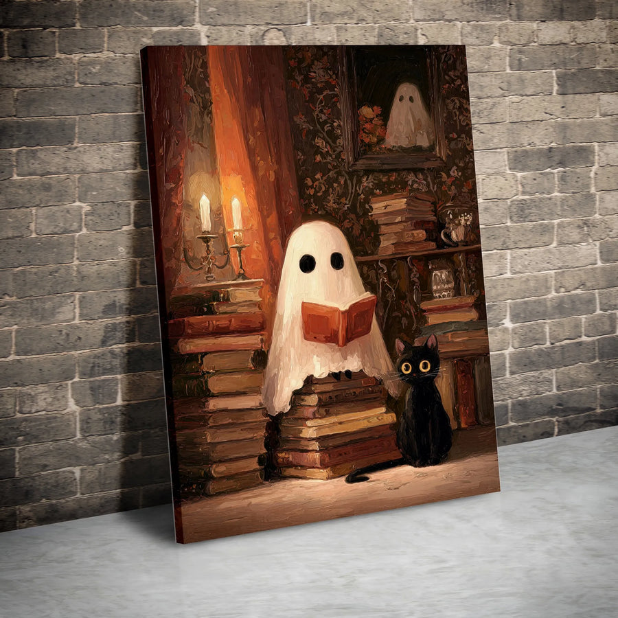 Ghost Reading Book Canvas | Spooky Library With Black Cat Art | Gallery Wrapped Premium Print | Aesthetic Halloween Home Decor Gift